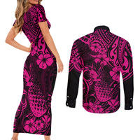 Hawaii Pineapple Couples Matching Short Sleeve Bodycon Dress and Long Sleeve Button Shirts Paradise Flowers Pacific With Pink Polynesian Tribal - Wonder Print Shop