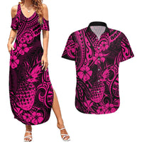 Hawaii Pineapple Couples Matching Summer Maxi Dress and Hawaiian Shirt Paradise Flowers Pacific With Pink Polynesian Tribal - Wonder Print Shop