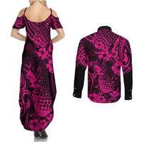Hawaii Pineapple Couples Matching Summer Maxi Dress and Long Sleeve Button Shirts Paradise Flowers Pacific With Pink Polynesian Tribal - Wonder Print Shop