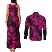 Hawaii Pineapple Couples Matching Tank Maxi Dress and Long Sleeve Button Shirts Paradise Flowers Pacific With Pink Polynesian Tribal - Wonder Print Shop