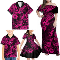 Hawaii Pineapple Family Matching Off Shoulder Maxi Dress and Hawaiian Shirt Paradise Flowers Pacific With Pink Polynesian Tribal - Wonder Print Shop