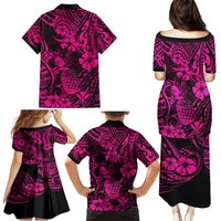Hawaii Pineapple Family Matching Puletasi Dress and Hawaiian Shirt Paradise Flowers Pacific With Pink Polynesian Tribal - Wonder Print Shop