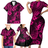 Hawaii Pineapple Family Matching Short Sleeve Bodycon Dress and Hawaiian Shirt Paradise Flowers Pacific With Pink Polynesian Tribal - Wonder Print Shop