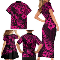 Hawaii Pineapple Family Matching Short Sleeve Bodycon Dress and Hawaiian Shirt Paradise Flowers Pacific With Pink Polynesian Tribal - Wonder Print Shop