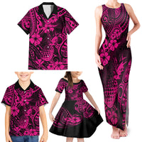 Hawaii Pineapple Family Matching Tank Maxi Dress and Hawaiian Shirt Paradise Flowers Pacific With Pink Polynesian Tribal - Wonder Print Shop