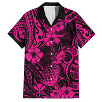 Pink and black pineapple-floral button-up Hawaiian shirt