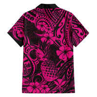 Pink and black pineapple-floral Hawaiian shirt, back view