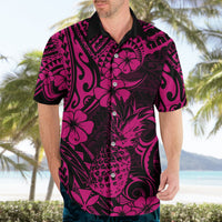 Pink and black pineapple-floral short-sleeve Hawaiian shirt with buttons