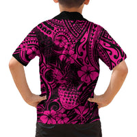 Kids pink and black pineapple-floral Hawaiian shirt, back view