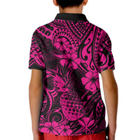 Hawaii Pineapple Kid Polo Shirt Paradise Flowers Pacific With Pink Polynesian Tribal - Wonder Print Shop