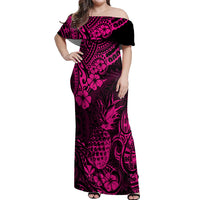 Hawaii Pineapple Off Shoulder Maxi Dress Paradise Flowers Pacific With Pink Polynesian Tribal - Wonder Print Shop