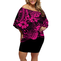 Hawaii Pineapple Off Shoulder Short Dress Paradise Flowers Pacific With Pink Polynesian Tribal - Wonder Print Shop