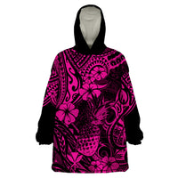 Hawaii Pineapple Wearable Blanket Hoodie Paradise Flowers Pacific With Pink Polynesian Tribal - Wonder Print Shop