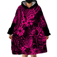Hawaii Pineapple Wearable Blanket Hoodie Paradise Flowers Pacific With Pink Polynesian Tribal - Wonder Print Shop