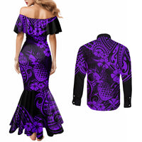hawaii-pineapple-couples-matching-mermaid-dress-and-long-sleeve-button-shirts-polynesian-pattern-purple-version
