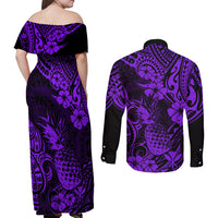 Hawaii Pineapple Couples Matching Off Shoulder Maxi Dress and Long Sleeve Button Shirts Polynesian Pattern Purple Version - Wonder Print Shop