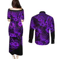 Hawaii Pineapple Couples Matching Puletasi Dress and Long Sleeve Button Shirts Polynesian Pattern Purple Version - Wonder Print Shop