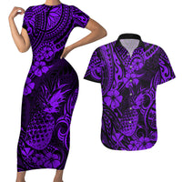 Hawaii Pineapple Couples Matching Short Sleeve Bodycon Dress and Hawaiian Shirt Polynesian Pattern Purple Version - Wonder Print Shop