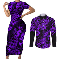 Hawaii Pineapple Couples Matching Short Sleeve Bodycon Dress and Long Sleeve Button Shirts Polynesian Pattern Purple Version - Wonder Print Shop