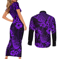 Hawaii Pineapple Couples Matching Short Sleeve Bodycon Dress and Long Sleeve Button Shirts Polynesian Pattern Purple Version - Wonder Print Shop