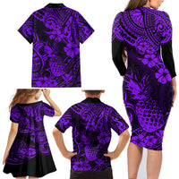 Hawaii Pineapple Family Matching Long Sleeve Bodycon Dress and Hawaiian Shirt Polynesian Pattern Purple Version - Wonder Print Shop