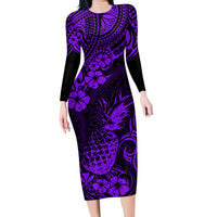 Hawaii Pineapple Family Matching Long Sleeve Bodycon Dress and Hawaiian Shirt Polynesian Pattern Purple Version - Wonder Print Shop