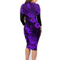 Hawaii Pineapple Family Matching Long Sleeve Bodycon Dress and Hawaiian Shirt Polynesian Pattern Purple Version - Wonder Print Shop