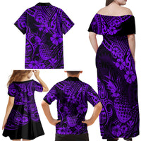 Hawaii Pineapple Family Matching Off Shoulder Maxi Dress and Hawaiian Shirt Polynesian Pattern Purple Version - Wonder Print Shop
