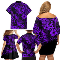 Hawaii Pineapple Family Matching Off Shoulder Short Dress and Hawaiian Shirt Polynesian Pattern Purple Version - Wonder Print Shop