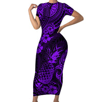 Hawaii Pineapple Family Matching Short Sleeve Bodycon Dress and Hawaiian Shirt Polynesian Pattern Purple Version - Wonder Print Shop