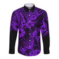 Hawaii Pineapple Long Sleeve Button Shirt Polynesian Pattern Purple Version - Wonder Print Shop