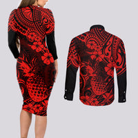Hawaii Pineapple Couples Matching Long Sleeve Bodycon Dress and Long Sleeve Button Shirts Polynesian Pattern Red Version - Wonder Print Shop