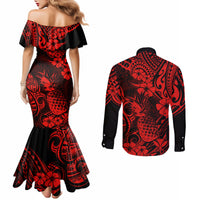 hawaii-pineapple-couples-matching-mermaid-dress-and-long-sleeve-button-shirts-polynesian-pattern-red-version