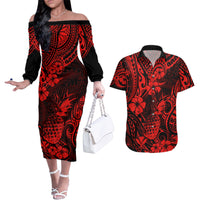 Hawaii Pineapple Couples Matching Off The Shoulder Long Sleeve Dress and Hawaiian Shirt Polynesian Pattern Red Version - Wonder Print Shop