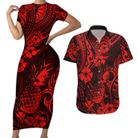 Hawaii Pineapple Couples Matching Short Sleeve Bodycon Dress and Hawaiian Shirt Polynesian Pattern Red Version - Wonder Print Shop
