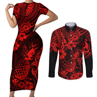 Hawaii Pineapple Couples Matching Short Sleeve Bodycon Dress and Long Sleeve Button Shirts Polynesian Pattern Red Version - Wonder Print Shop