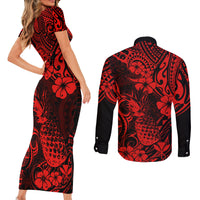 Hawaii Pineapple Couples Matching Short Sleeve Bodycon Dress and Long Sleeve Button Shirts Polynesian Pattern Red Version - Wonder Print Shop