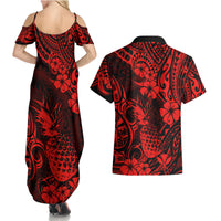 Hawaii Pineapple Couples Matching Summer Maxi Dress and Hawaiian Shirt Polynesian Pattern Red Version - Wonder Print Shop
