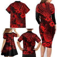 Hawaii Pineapple Family Matching Long Sleeve Bodycon Dress and Hawaiian Shirt Polynesian Pattern Red Version - Wonder Print Shop
