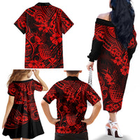Hawaii Pineapple Family Matching Off Shoulder Long Sleeve Dress and Hawaiian Shirt Polynesian Pattern Red Version - Wonder Print Shop