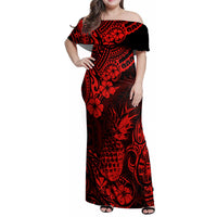 Hawaii Pineapple Family Matching Off Shoulder Maxi Dress and Hawaiian Shirt Polynesian Pattern Red Version - Wonder Print Shop