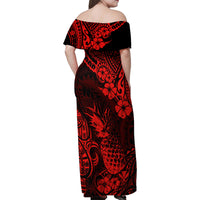 Hawaii Pineapple Family Matching Off Shoulder Maxi Dress and Hawaiian Shirt Polynesian Pattern Red Version - Wonder Print Shop