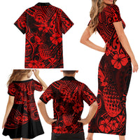 Hawaii Pineapple Family Matching Short Sleeve Bodycon Dress and Hawaiian Shirt Polynesian Pattern Red Version - Wonder Print Shop