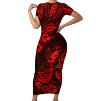 Hawaii Pineapple Family Matching Short Sleeve Bodycon Dress and Hawaiian Shirt Polynesian Pattern Red Version - Wonder Print Shop