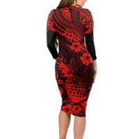 Hawaii Pineapple Long Sleeve Bodycon Dress Polynesian Pattern Red Version - Wonder Print Shop