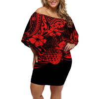 Hawaii Pineapple Off Shoulder Short Dress Polynesian Pattern Red Version - Wonder Print Shop