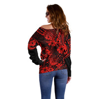 Hawaii Pineapple Off Shoulder Sweater Polynesian Pattern Red Version - Wonder Print Shop