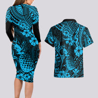 Hawaii Pineapple Couples Matching Long Sleeve Bodycon Dress and Hawaiian Shirt Polynesian Pattern Sky Blue Version - Wonder Print Shop