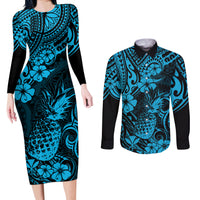 Hawaii Pineapple Couples Matching Long Sleeve Bodycon Dress and Long Sleeve Button Shirts Polynesian Pattern Sky Blue Version - Wonder Print Shop