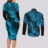 Hawaii Pineapple Couples Matching Long Sleeve Bodycon Dress and Long Sleeve Button Shirts Polynesian Pattern Sky Blue Version - Wonder Print Shop